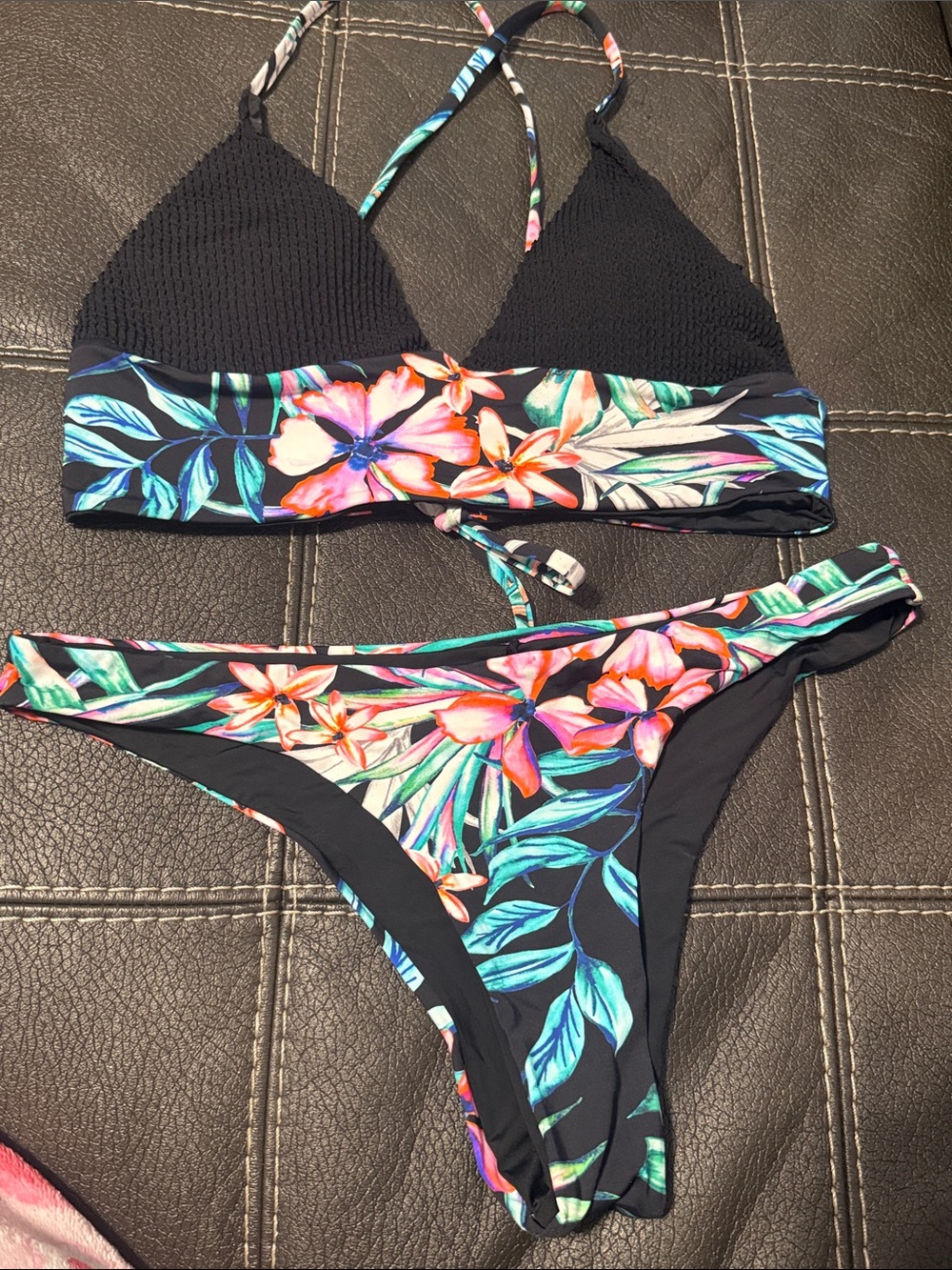 TiniBikini Black Floral Triangle Bikini with Pink & Green Accents